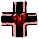 Schwarzes Kreuz zuerst mit rosa, weiter außen mit schwarzer Umrandung der Innenkanten