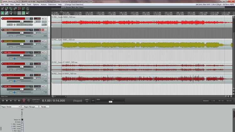 Bildschirmfoto, zeigt mehrere Aufnahmespuren im Mischprogramm